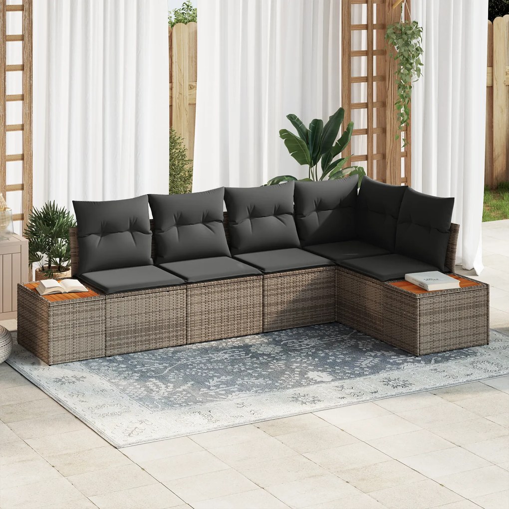 Conjunto de Sofás de Jardim 5 Peças com Almofadas Cinza Rattan Acácia,