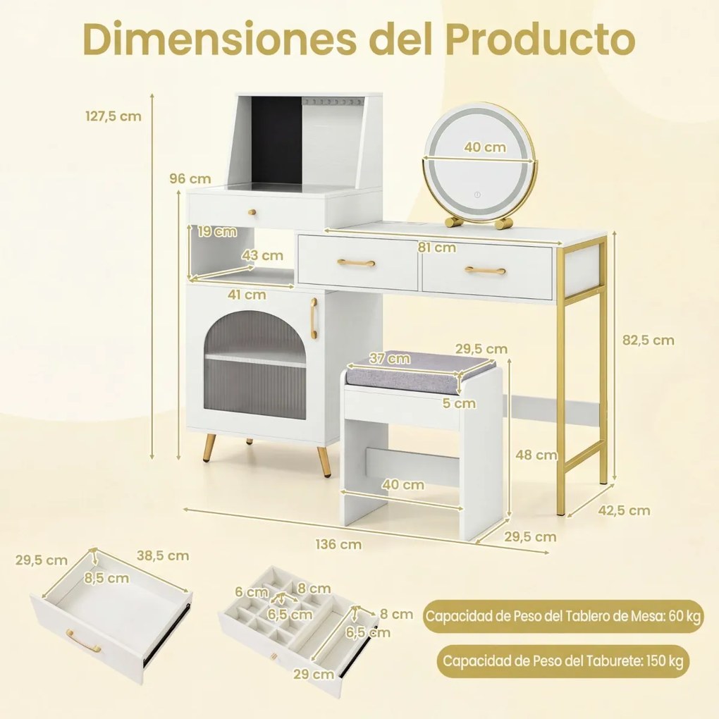 Toucador com espelho e luzes reguláveis 136 x 43 x 127,5 cm, mesa de vidro com 3 gavetas, ranhuras para anéis e ganchos, com porta e banco branco
