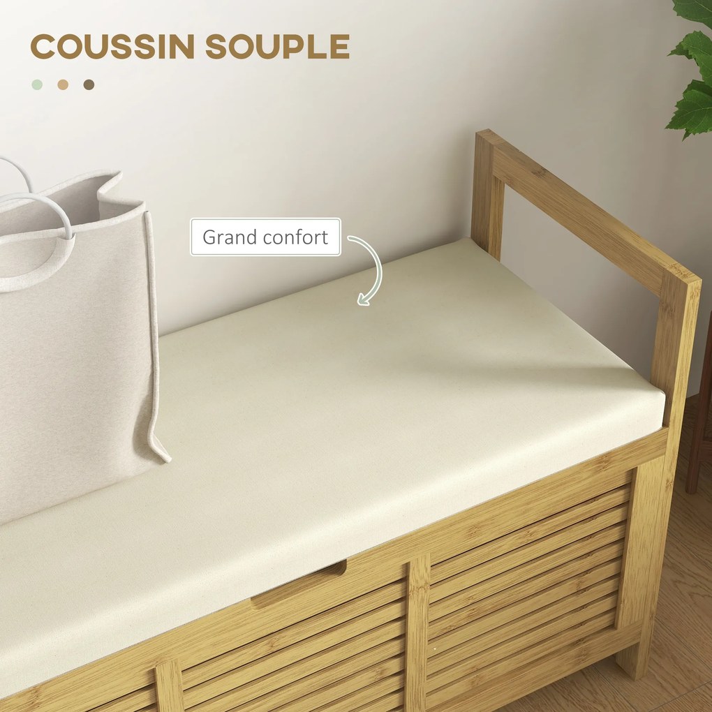Banco com espaço de arrumação 100 x 40 x 60 cm e compartimento oculto sob o assento, com almofada e apoio de braço, cor natural