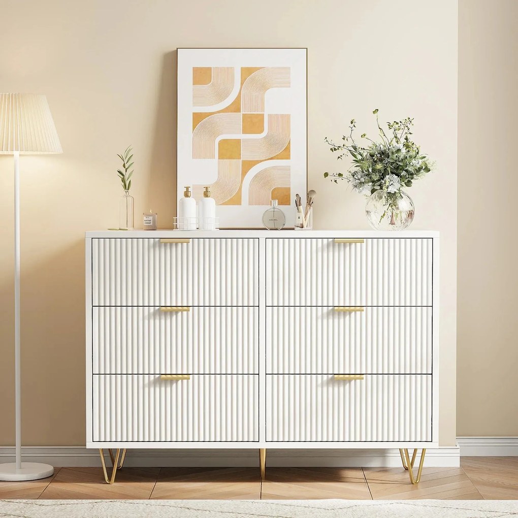 Cómoda com 6 Gavetas – Coimbra – 100x72x34 cm - Branco e Dourado - Des