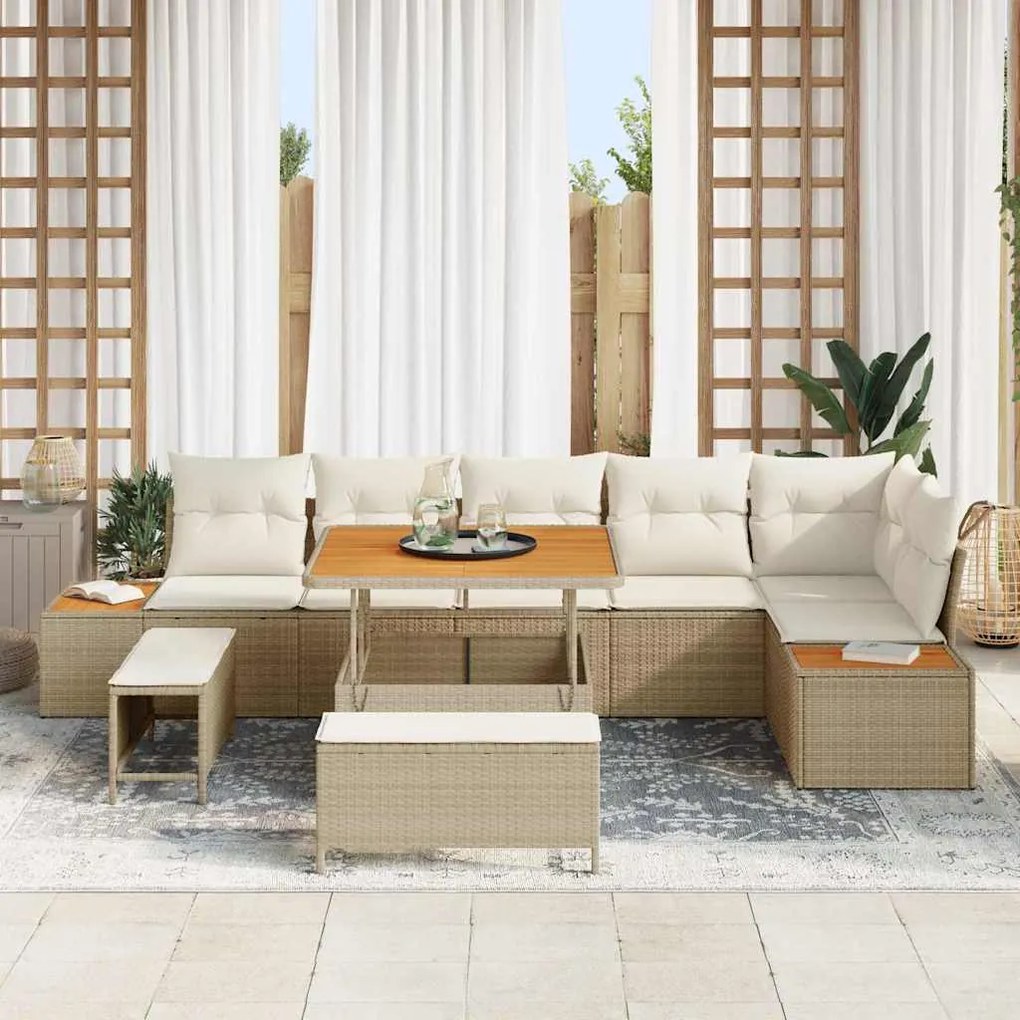 Conjunto de Sofá de Jardim com 9 Peças e Almofadas Vime Poli Bege Acác