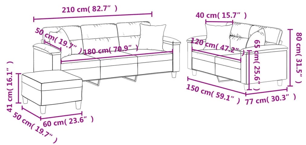 3 pcs conjunto sofás c/ almofadas tecido microfibra cinza-claro