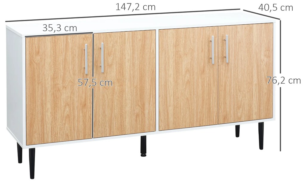 HOMCOM Aparador de Cozinha com 4 Portas Prateleiras Ajustáveis e Pés Metalicos Móvel Auxiliar Moderno para Sala de Estar Sala de Jantar 147,2x40,5x76,2cm Natural e Branco