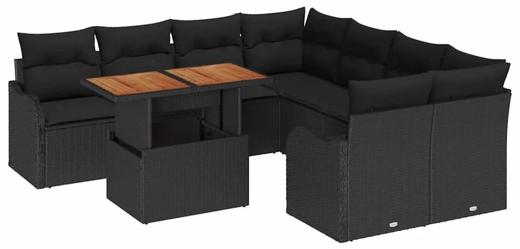 Conjunto de Sofá de Jardim com 9 peças e almofadas pretas em rattan si