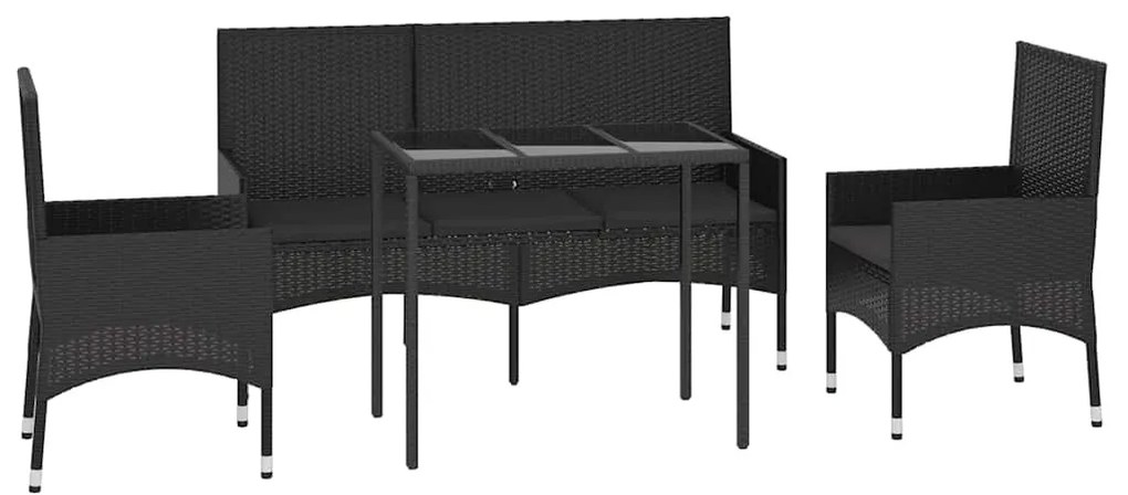 4 pcs conjunto lounge de jardim c/ almofadões vime PE preto