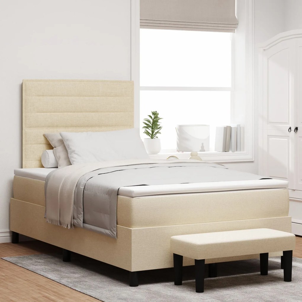 Cama Box Spring com Colchão & Banqueta Creme 120x200 cm Tecido