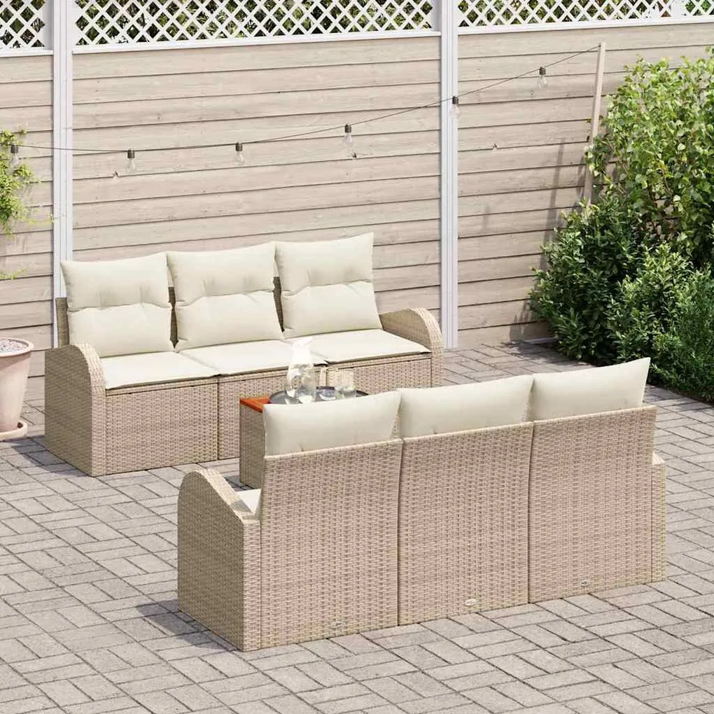 Conjunto de Sofá Jardim 7 Peças com Almofadas Bege Rattan Acácia