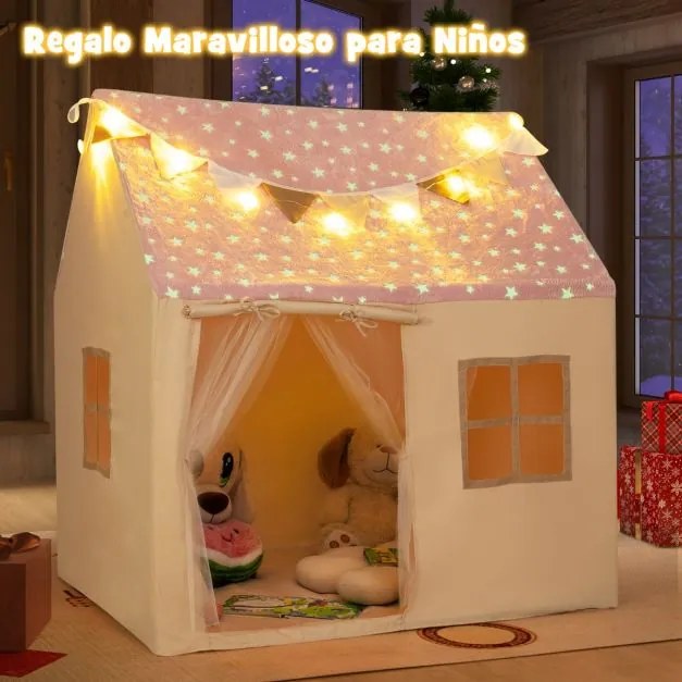 Tenda Casa para crianças infantil 119 x 104 x 129 cm com cortinas, janelas, luzes, bandeirinhas e tapete acolchoado interior rosa