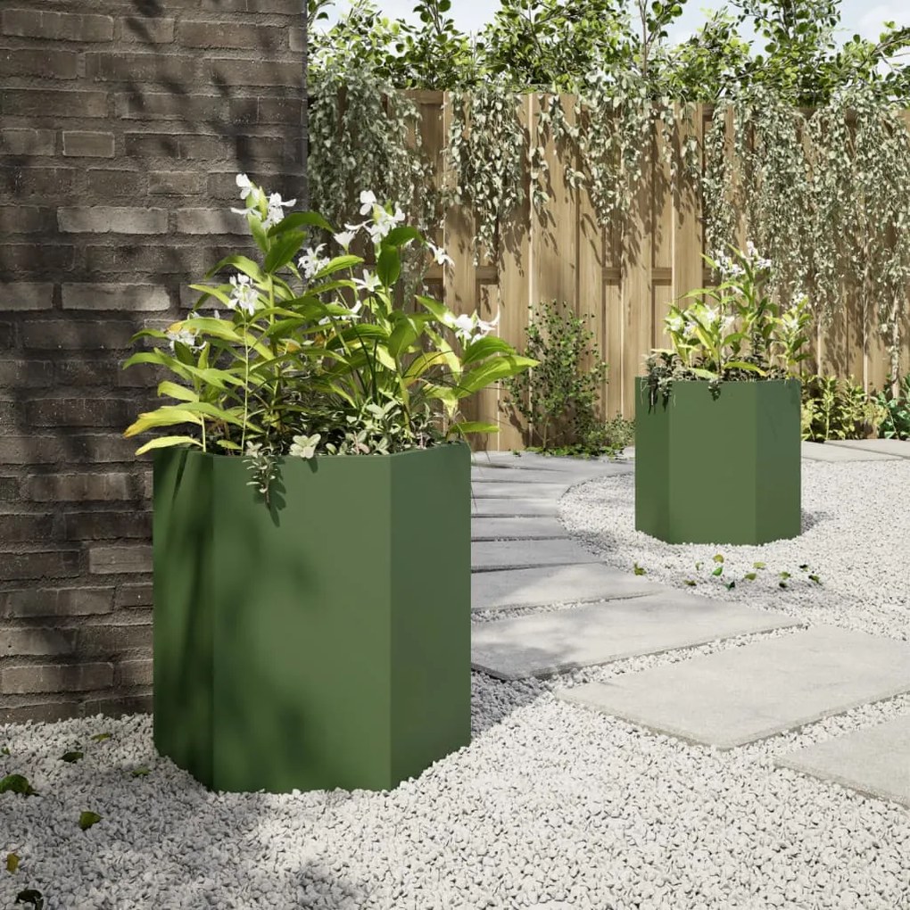 Vaso/floreira de jardim 2 pcs hexagonal 46x40x45 cm aço verde