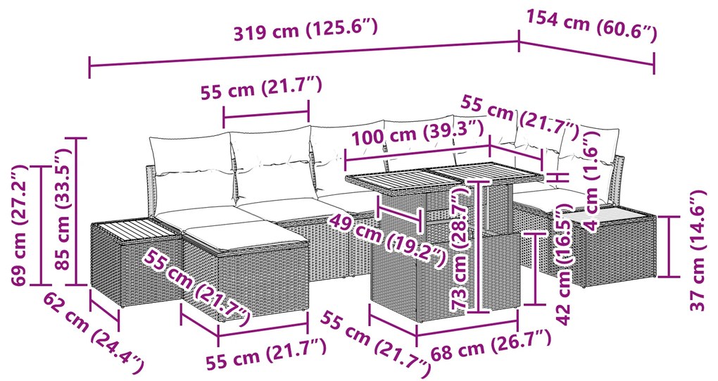 Conjunto de Jantar de Jardim com 8 Peças com Almofadas Preto Rattan Po