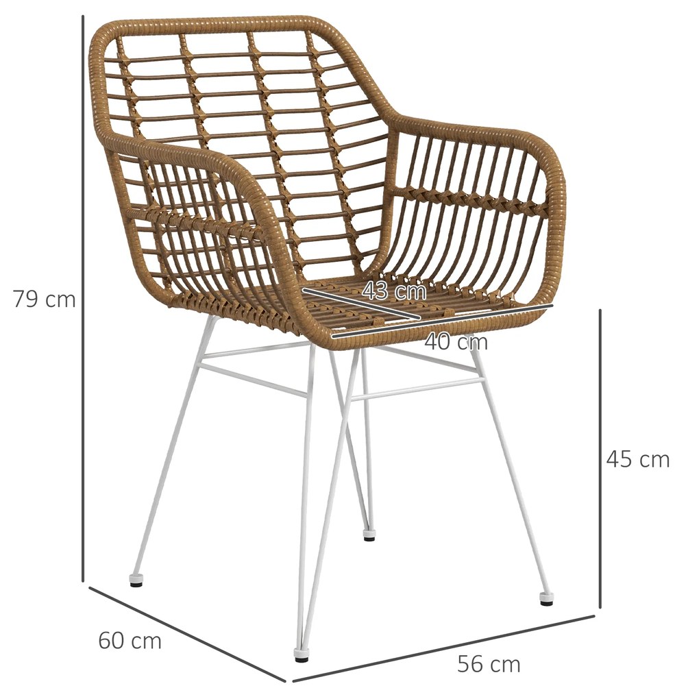 Conjunto de 2 Cadeiras de Sala de Jantar de Vime PE com Pés de Aço para Sala de Jantar Estilo Boémio 56x60x79 cm Castanho