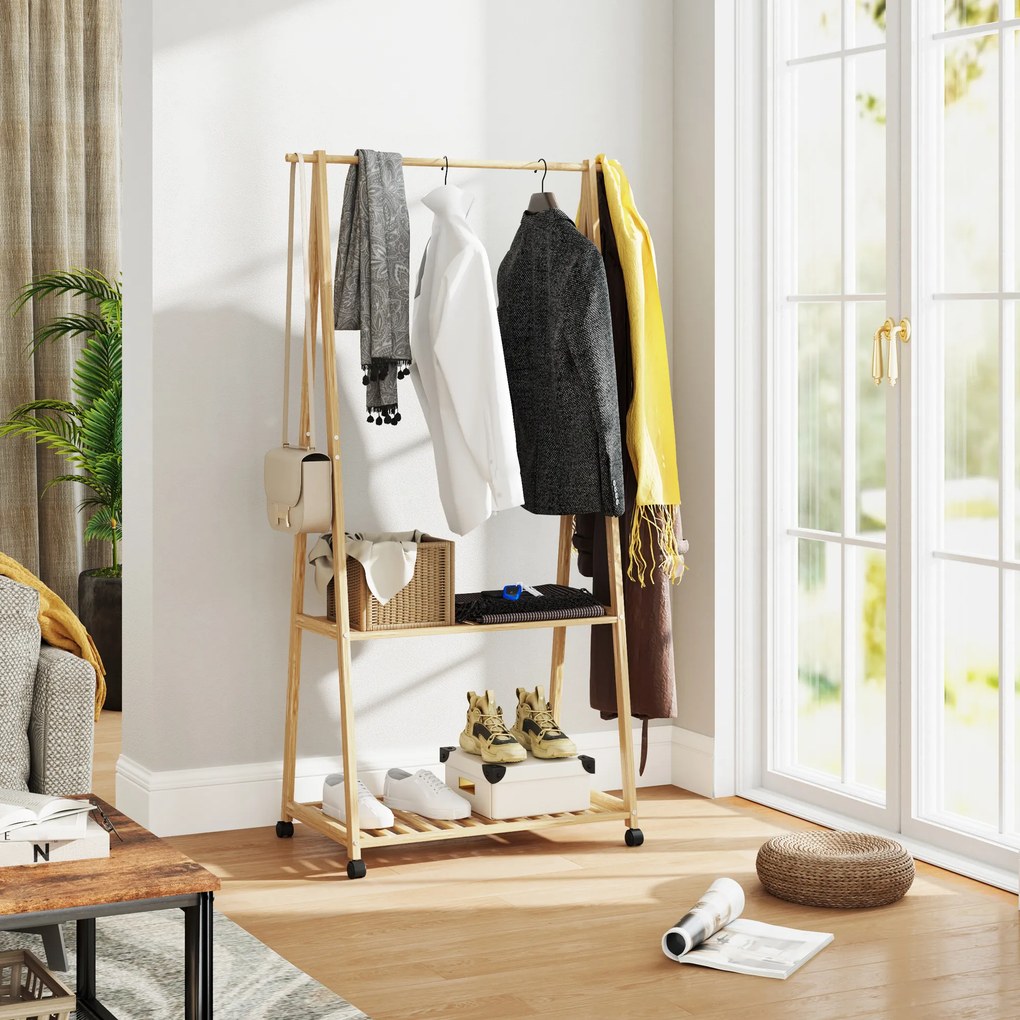 Charriot de Bambu para Roupa Charriot para Roupa com Rodas 2 Prateleiras Abertas e 2 Ganchos 84,5x43,5x158 cm Madeira
