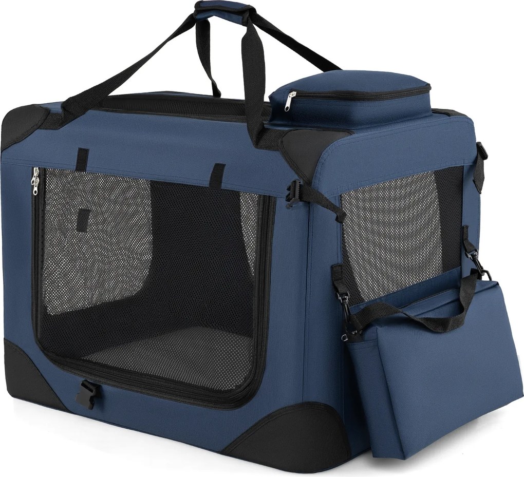 Transportadora dobrável tamanho M 72 x 52,5 x 52,5 cm para animais de estimação, com janelas de rede, 3 portas, cama felpuda e bolsos removíveis, para