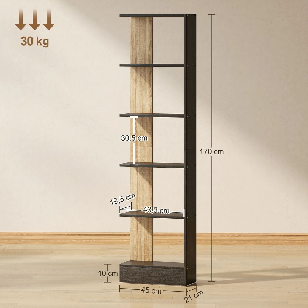 Estante de arrumação com 5 compartimentos abertos, 45 x 21 x 170 cm, preta e em cor carvalho