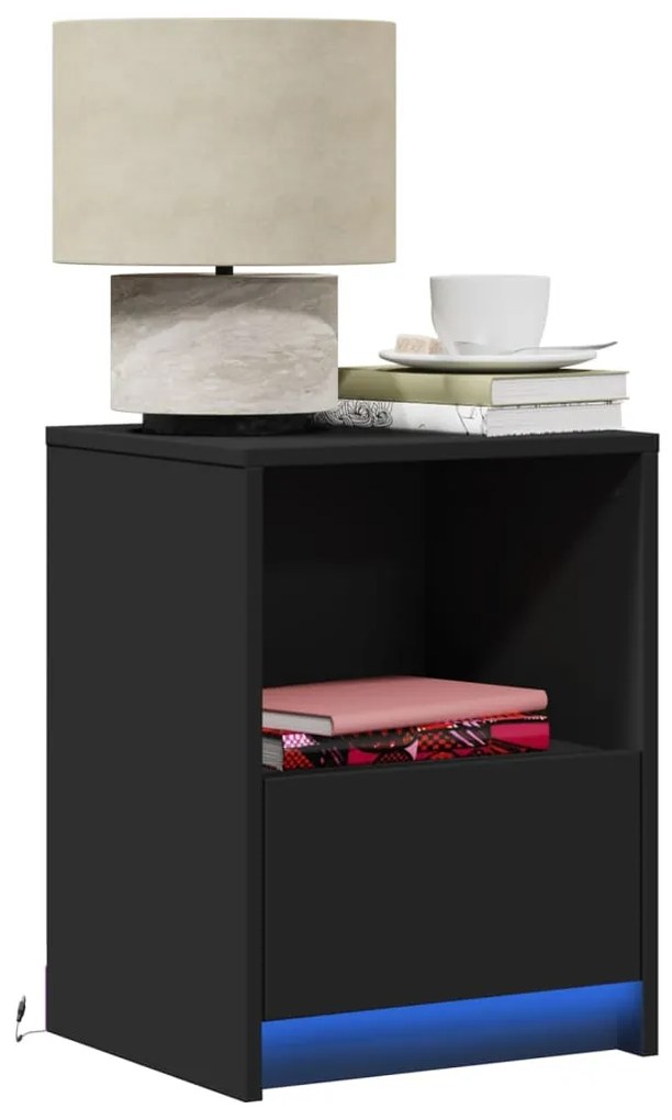 vidaXL Mesa de cabeceira com luzes LED derivados de madeira preto