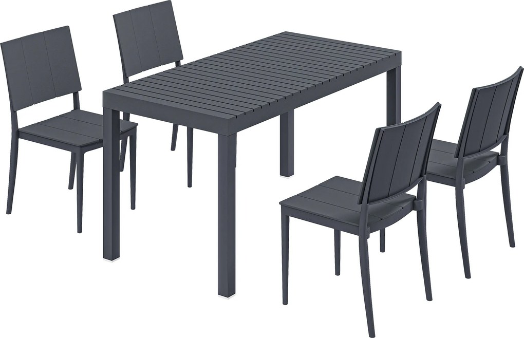 Conjunto de Mesa e Cadeiras de Jardim com Mesa de Ripas e 4 Cadeiras Empilháveis para Terraço ou Pátio Cinza