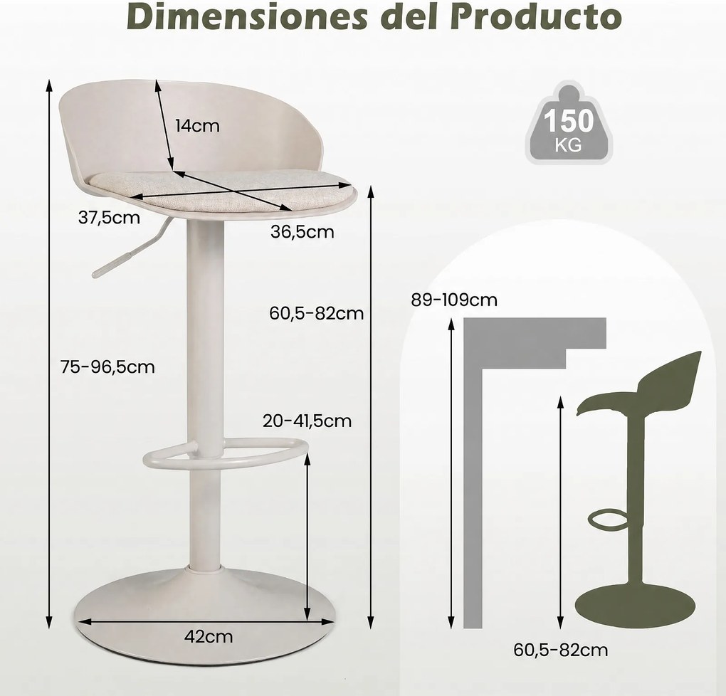 Conjunto de 2 Bancos de Bar Giratórios, 42 x 42 x 75-96,5 cm (MESA NÃO INCLUIDA), Altura Ajustável, Bege