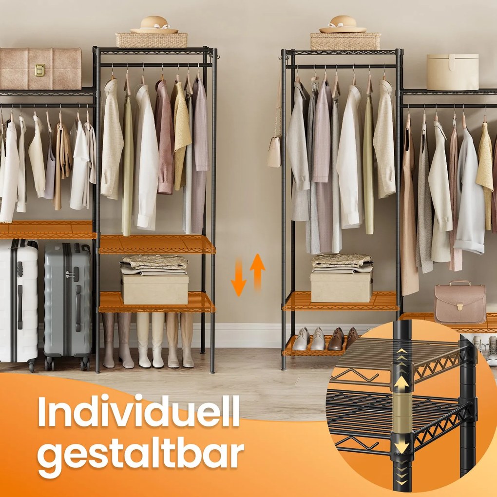 Guarda-roupa em metal aberto com 4 varões e 8 prateleiras 40 x 175 x 180 cm Preto