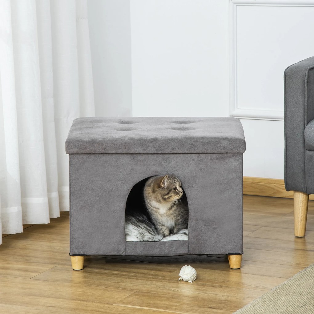 Caverna para Gatos Dobrável 2 em 1 Banco para Apoio dos Pés com Tampa Removível Orifício de Entrada Almofada Lavável e Pés Elevados de Madeira para Interior 60x45x44,5cm Cinza