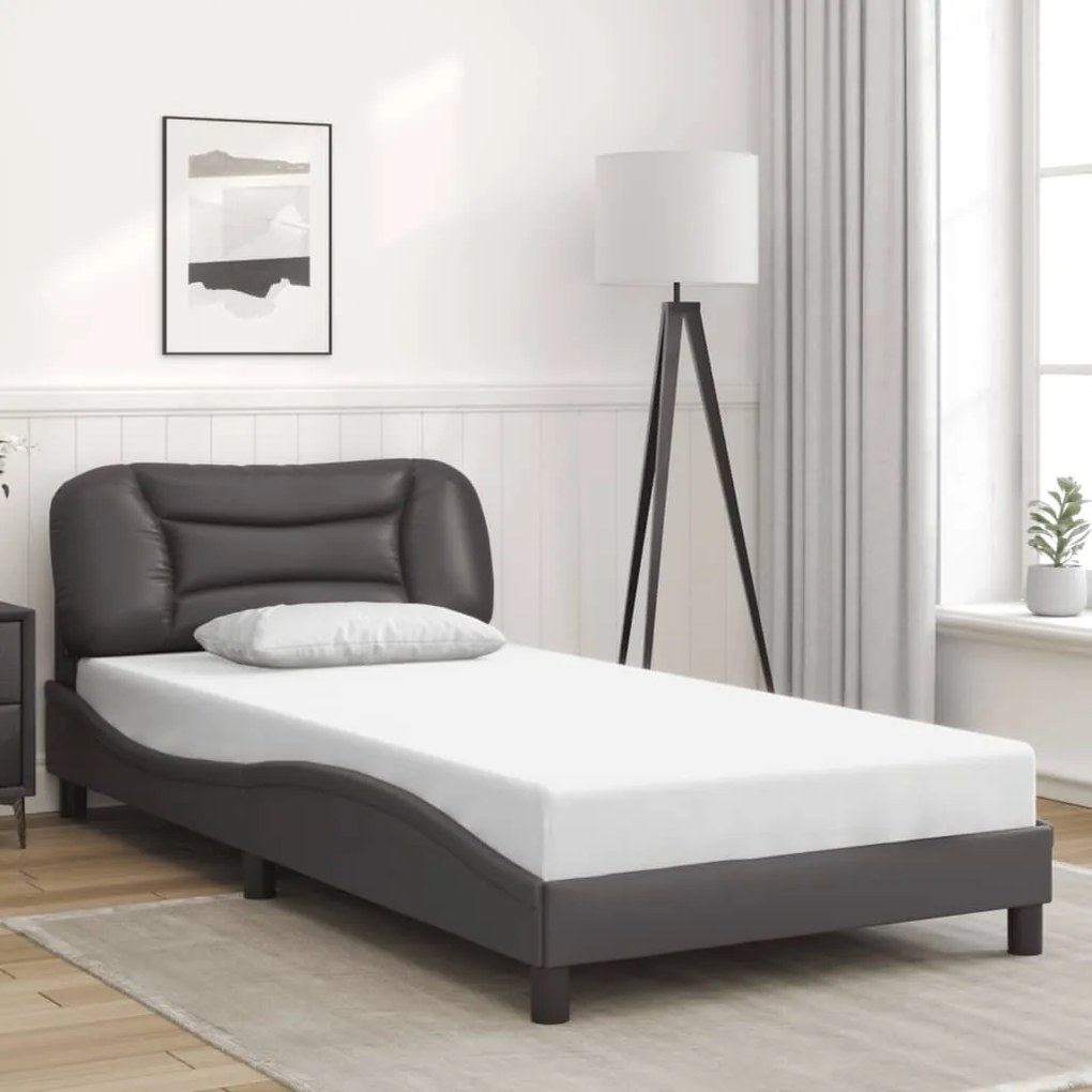 Estrutura de cama c/ luzes LED 100x200cm couro artificial cinza