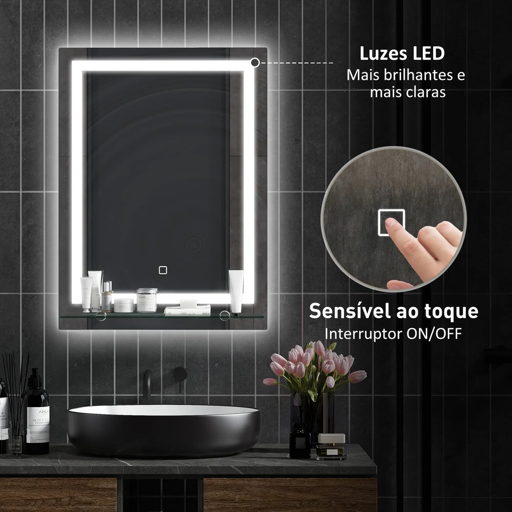 Espelho para Casa de Banho 50x70 cm com Moldura de Alumínio, Luzes LED Interruptor Tátil e Prateleira de Vidro para Casa de Banho Prata