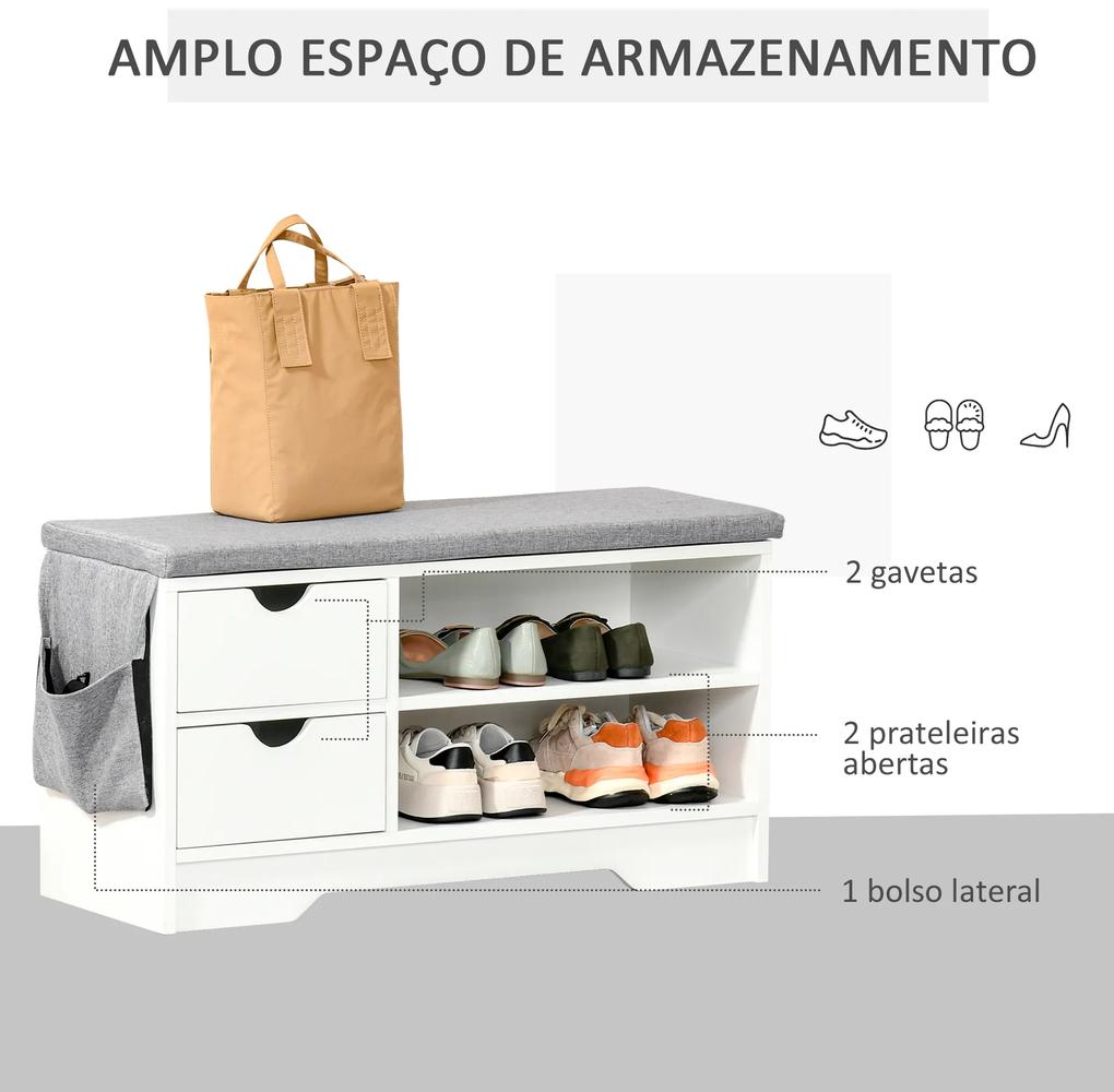 Banco Sapateiro com 2 Prateleiras Bolso Almofada Amovível e 2 Gavetas para 4 Pares de Sapatos  80,5x30,5x43,5 cm Branco e Cinza