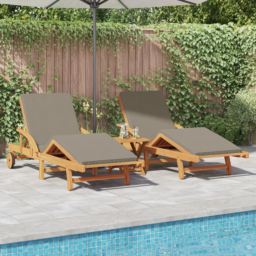 Espreguiçadeiras de Sol 2 pcs com Almofadas e Rodas Taupe Madeira Sóli