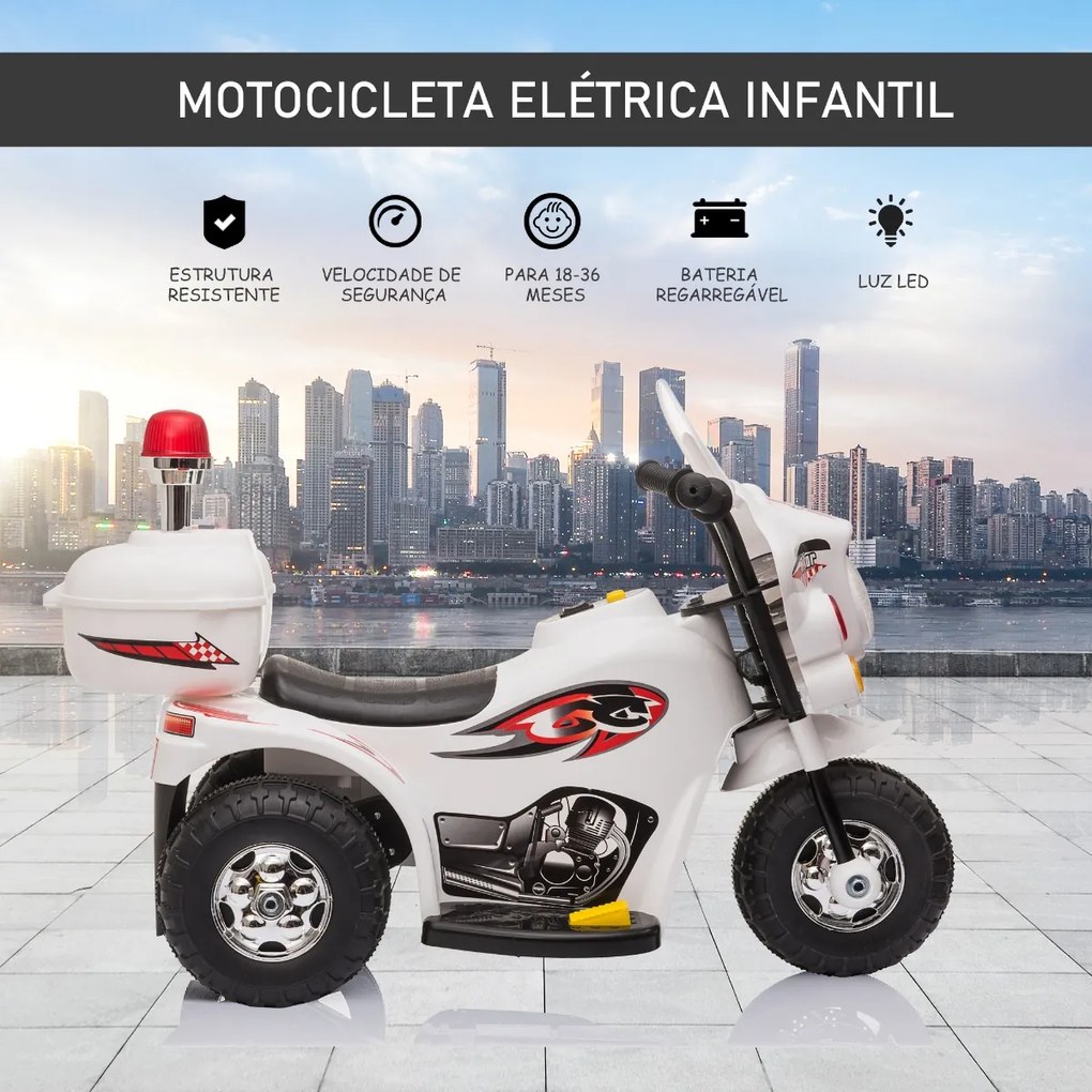 Mota Elétrica para Crianças de 18-36 Meses Motocicleta Infantil com 3 Rodas e Bateria 6V com Música Buzina Farol Baú 80x35x54cm Branco