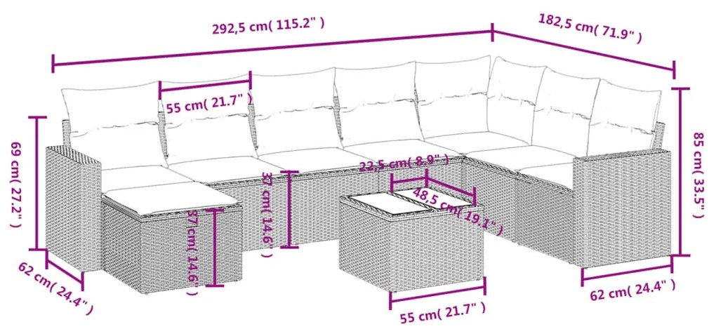 9 pcs conjunto sofás p/ jardim com almofadões vime PE cinzento