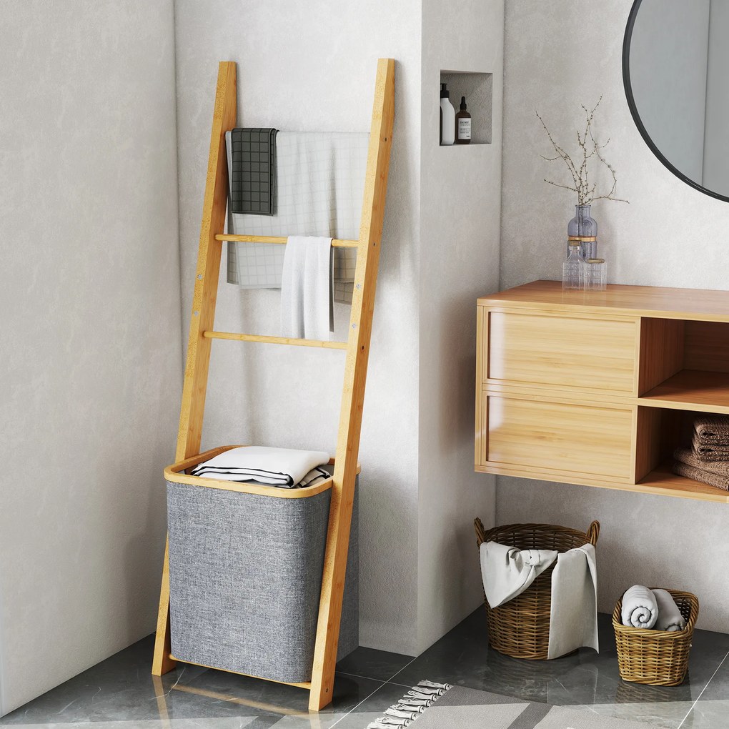 Estante para Casa de Banho de Bambu com 3 Barras e Cesto para Roupa Suja Removível de 48 L 43x35x133 cm Cinzento