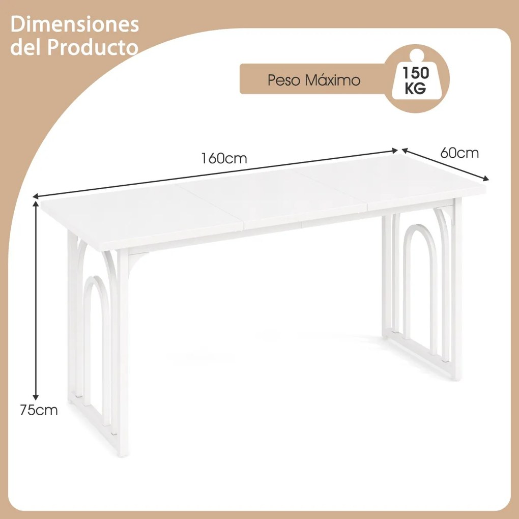 Mesa de jantar e cozinha retangular para 6-8 pessoas 160 cm com pernas de metal de meados do século para restaurante, Casa Branca