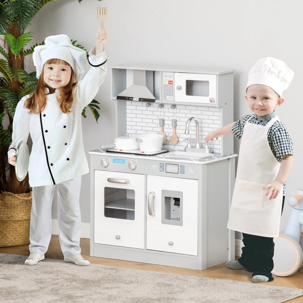 HOMCOM Cozinha Infantil de Madeira para Crianças acima de 3 Anos Cozinha de Madeira Infantil com Luz Sons Acessórios Utensílios Exaustor Lavatório e Microondas 60x29x84cm Cinza