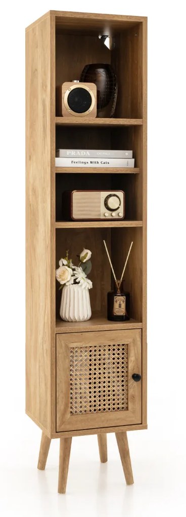 Armário de arrumação em rattan Armário de arrumação autónomo com porta Estante ajustável para sala de estar 29,5 x 29,5 x 137 cm Natural