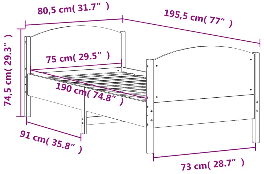 Estrutura cama c/ cabeceira 75x190 cm pinho maciço castanho-mel