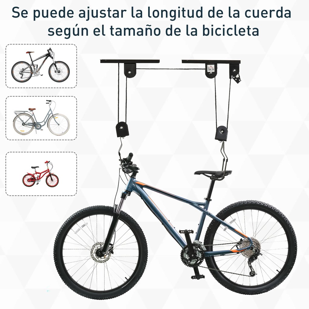 HOMCOM Suporte de bicicletas de teto Roldanas Cordas Altura Ajustável25,1x 8,7x 1,5 cm carga 20kg