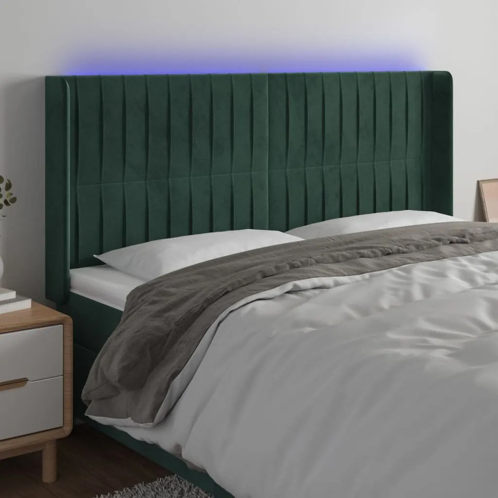 vidaXL Cabeceira de cama c/ LED veludo 183x16x118/128 cm verde-escuro