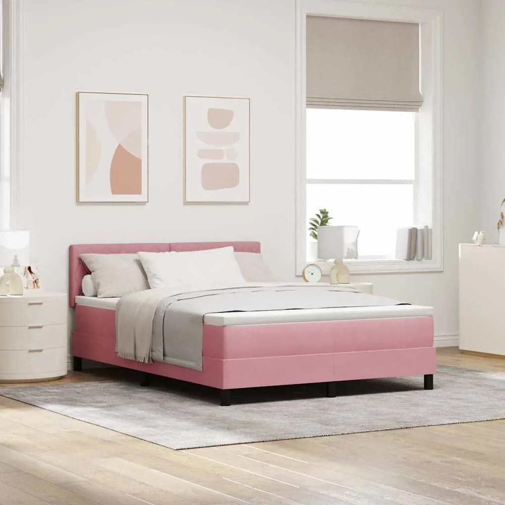 Camas Box com Colchão e LED Rosa 160x200 cm Veludo