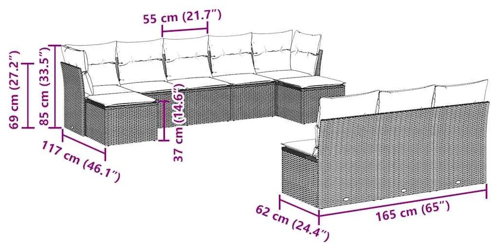 10 pcs conj. sofás jardim com almofadões vime PE castanho
