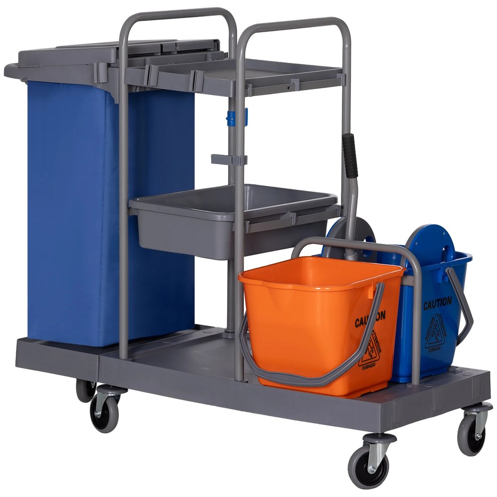 HOMCOM Carro de Limpeza Professional com Escorredor de Alavanca e 2 Baldes de 18L 111x63,3x103cm Cinza Azul e Laranja