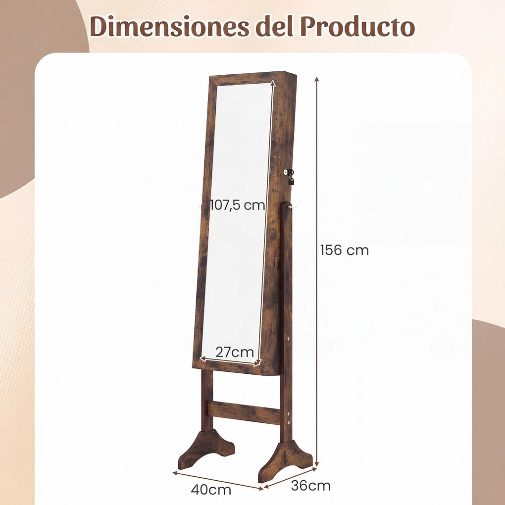 Armário para Joias de Pé com Espelho de Corpo Inteiro, 40 x 36 x 156 cm, Fecho com Chave, Madeira