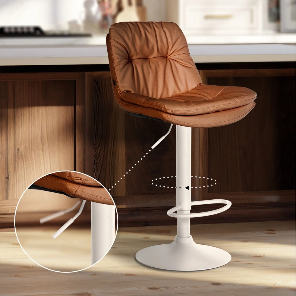 Banco de bar em couro sintético com estrutura branca 92-113 x 46 x 54 cm castanho claro