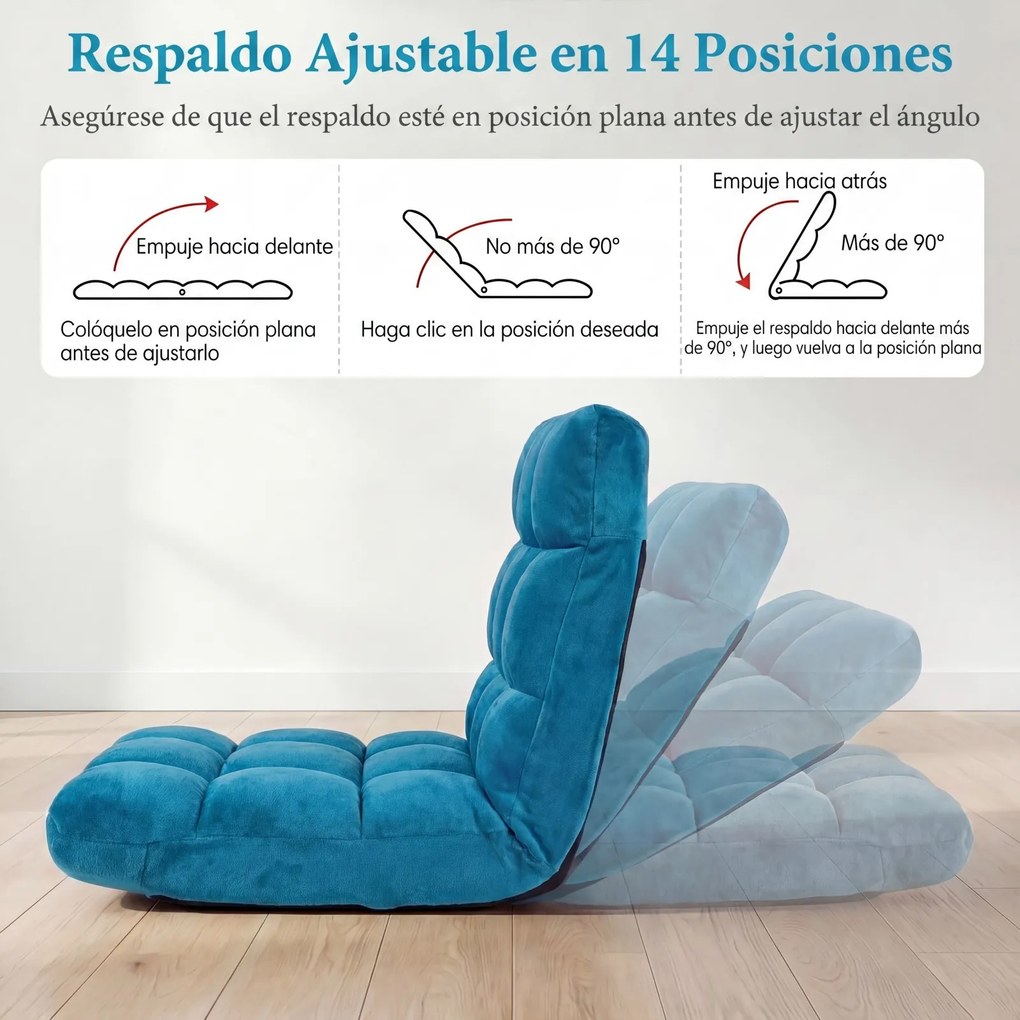 Sofá de Chão Dobrável, 98 x 49 x 13 cm, Encosto Ajustável em 14 Posições, Azul