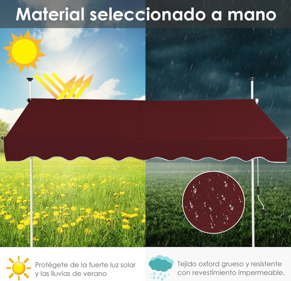 Toldo Exterior Terraço varanda 200 x 125 cm  Altura Ajustável 2-3 m com Manivela e Resistente às Intempéries Cor de Vinho