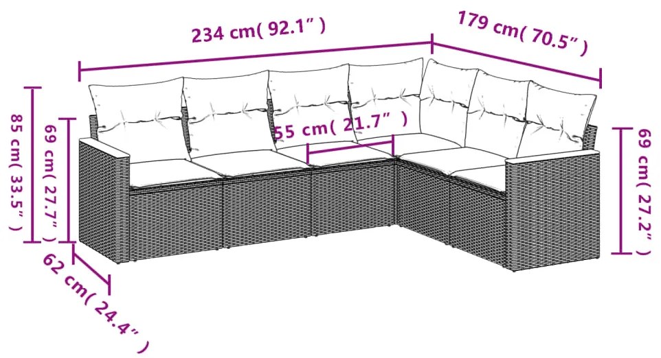 6 pcs conjunto de sofás p/ jardim com almofadões vime PE bege