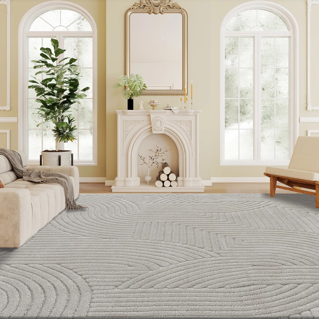 Tapete Sala de Estar 160x120 cm Tapete Pelo Curto Estilo Moderno Base Antiderrapante Tecida à Máquina Cinzento