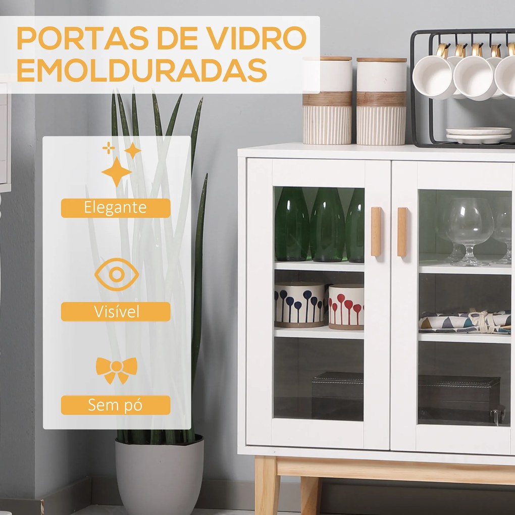 Aparador de Cozinha com 3 Portas de Vidro e Suporte para Garrafas em Forma de X para 4 Garrafas Móvel Buffet Auxiliar para Sala de Jantar Estilo Moder