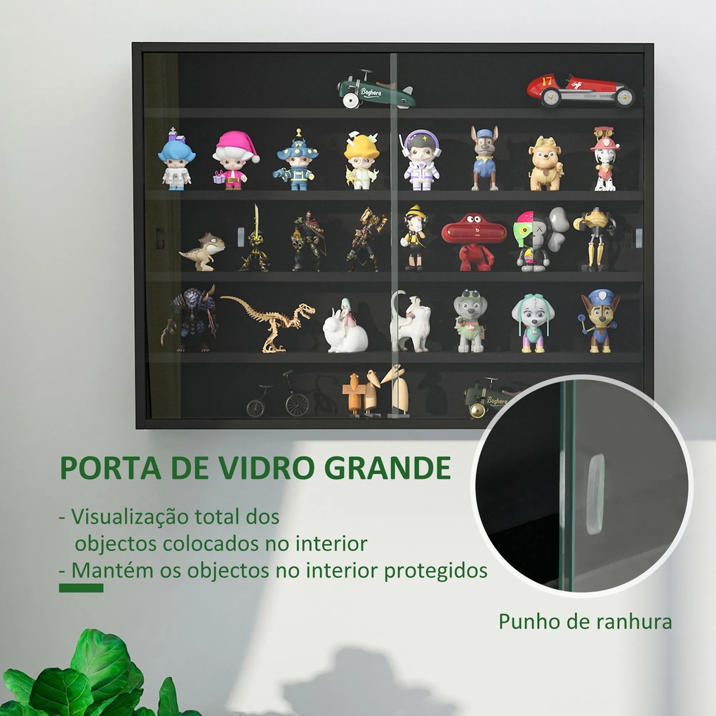 Vitrine de Parede de Madeira com Prateleiras Ajustáveis e 2 Portas Corredeiras de Vidro para Perfumes 80x9,5x60 cm Preto