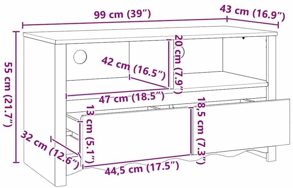 Cabide de TV vidaXL "DRAMMEN" 99x43x55 cm de Madeira Sólida de Pinheir