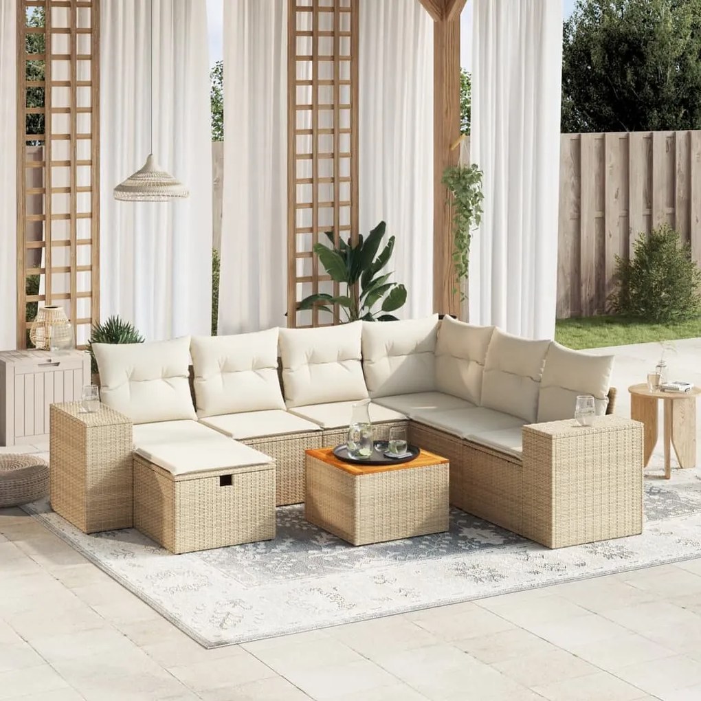 8 pcs conjunto de sofás p/ jardim com almofadões vime PE bege