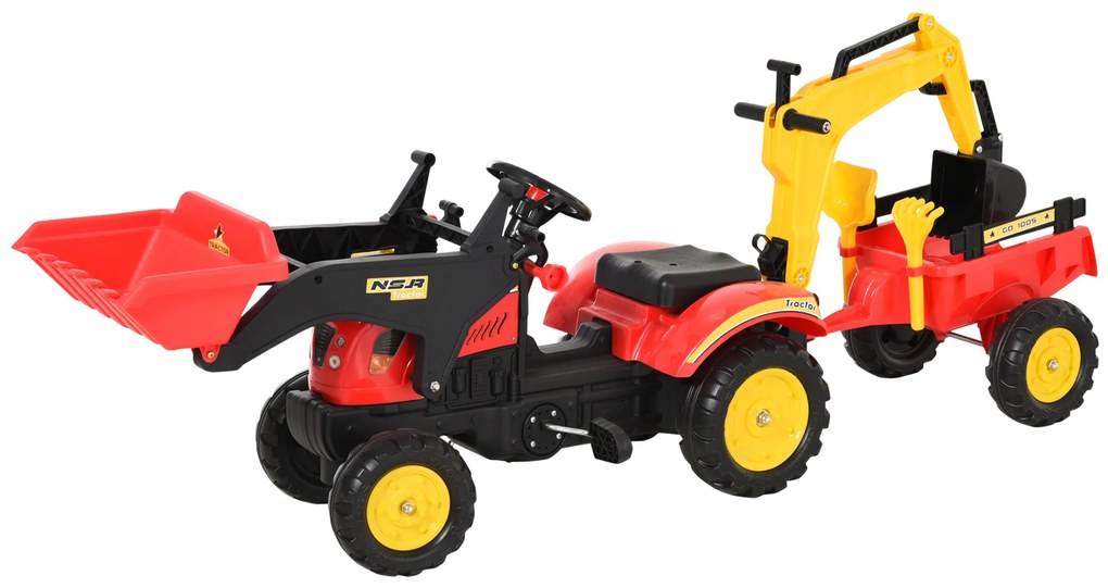 HOMCOM Trator de pedais para crianças acima de 3 anos com reboque e pá frontal 179x42x59 cm Vermelho